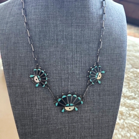 Stunning Native American Zuni Inlaid Headdress Vintage Turquoise Necklace 💙🖤🎁 - Picture 14 of 14